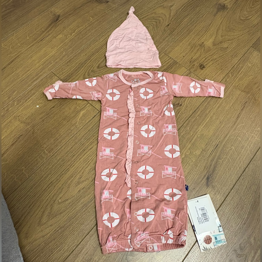 Kickee Pants NWT Converter Layette Gown w Hat lifeguard Pink Bamboo 0-3M NEW